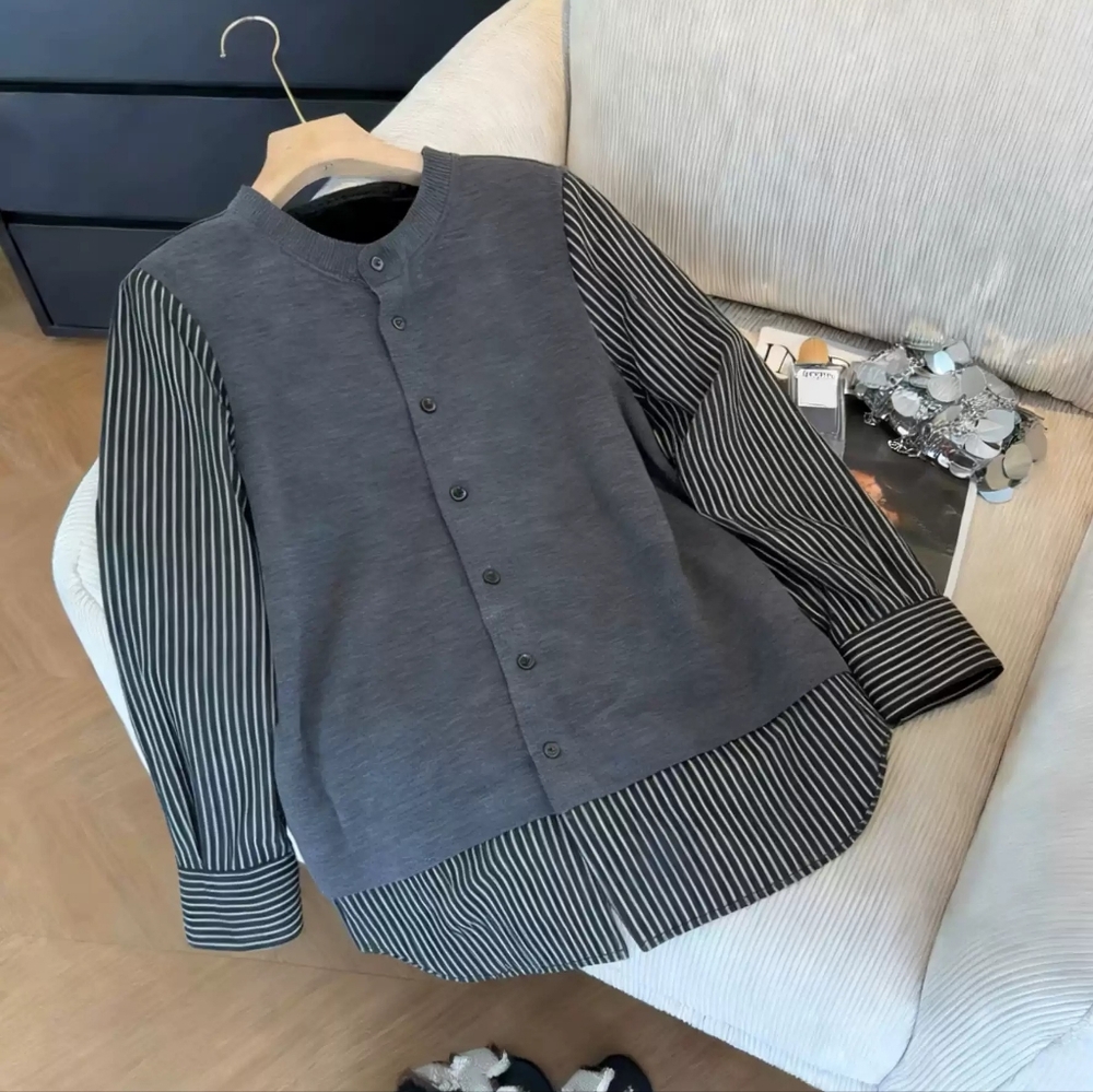 Grey Knit Stripe Panel Asymmetric Shirt